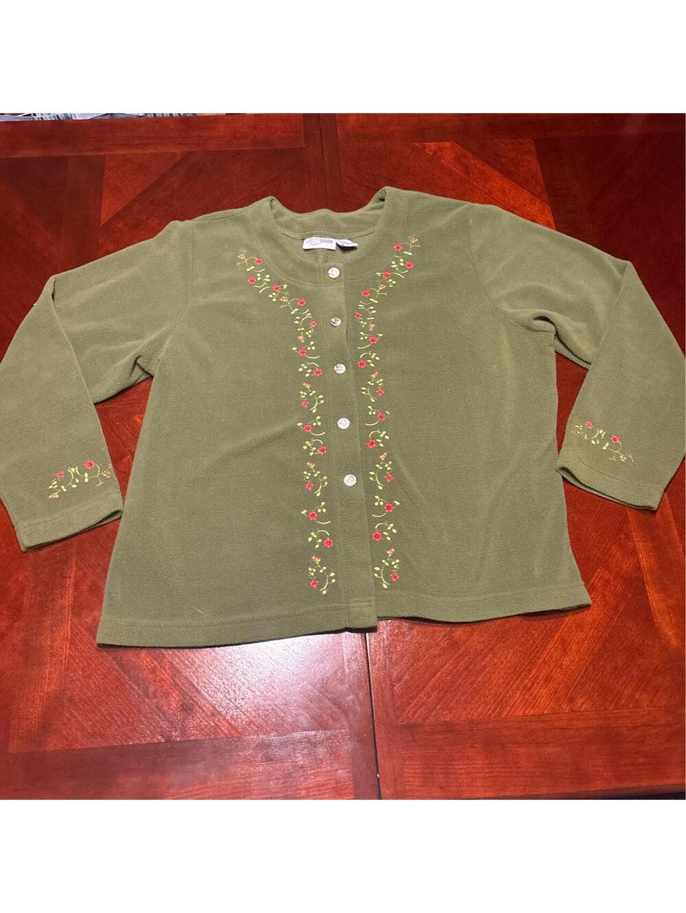 Green polyester cardigan with red & green floral embroidery, size 1XL